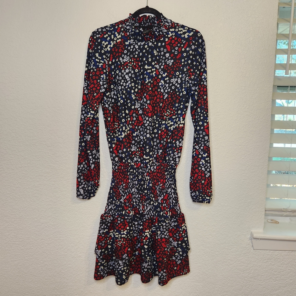 Dorothy Perkins Blue Red Ditsy Print Shirred High Neck Dress size 6 cottagecore
